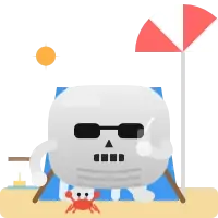 A skeleton in a deck chair wearing sunglasses