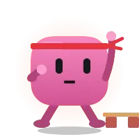 Blobling chopping a board on two bricks