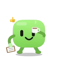 Blobling sitting back with a coffee, clipboard on the floor