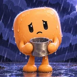 A soggy Blobling holding out an empty tin in the rain